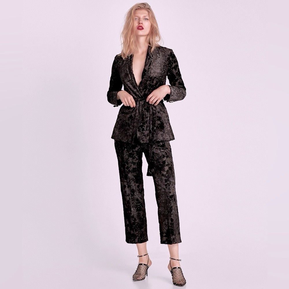 Zara Lace Floral Velvet Belted Blazer Jacket Black Size S NEW